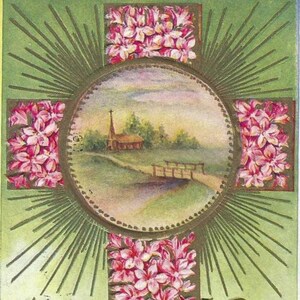 Croix pittoresque avec fleurs roses en relief Carte postale de Pâques antique 1910 Le Christ Notre Seigneur est ressuscité ce jour saint