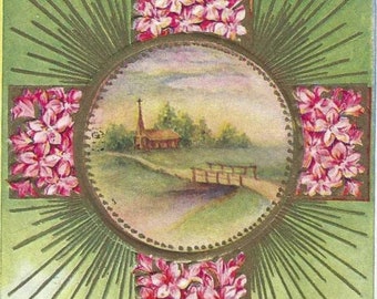 Scenic Cross With Pink Flowers Embossed Antique Easter Postcard 1910 Christ Our Lord Is Risen This Holy Day