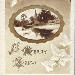Carte postale de Noël ancienne inutilisée sépia Lierre et maison de campagne - Un joyeux Noël des années 1910 - Gottschalk Dreyfuss and Davis