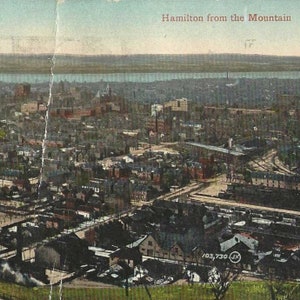 Carte postale ancienne Hamilton (Ontario) From Mountain Birds Eye View 1914, annulation du slogan - Vendu tel quel