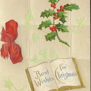 Branche de houx rouge ruban et livre de voeux de Noël antique éditeur E Nash années 1910