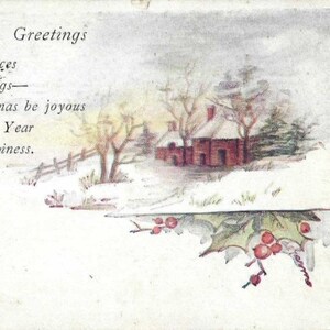 Maison de campagne enneigée et versets d'amitié de Noël, carte postale de Noël antique 1921