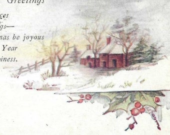 Snow Covered Country Home and Christmas Friendship Verse Antique Christmas Postcard 1921