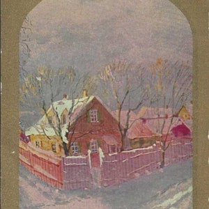 Prière de Platon John G Whittier Carte postale ancienne 1909 - Fond doré somptueux et maison de campagne enneigée