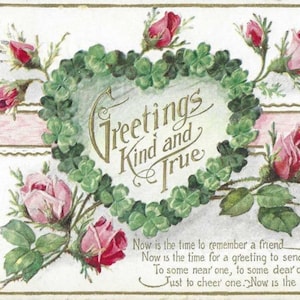 Carte postale ancienne coeur trèfle à quatre feuilles avec roses roses - 1914 - salutations gentilles et sincères - belle salutation d'amitié
