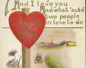Fun Play on Words Antique Valentine’s Day Postcard This Road to Happy Town – Vintage Auto on Road to Love Accents of Asters