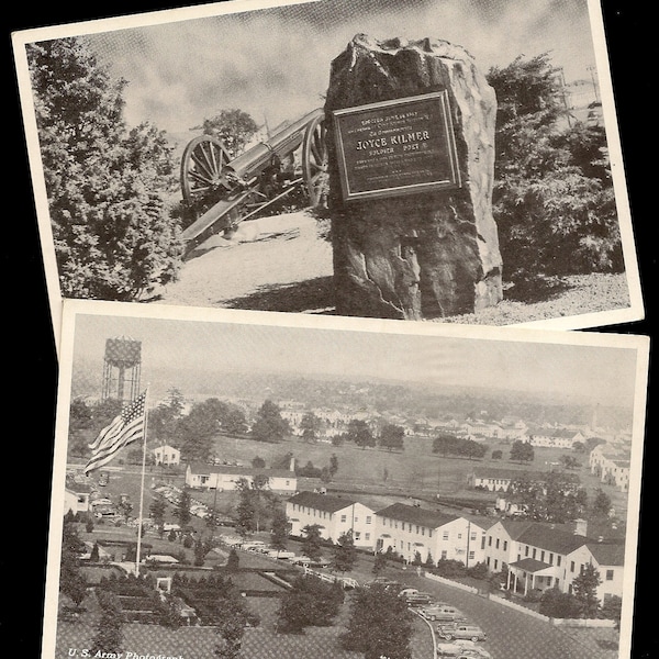 Pair Camp Kilmer Unused Vintage Postcards US Army Photographs Memorial Tablet and Post Headquarters