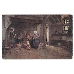 Une famille occupée Tuck and Sons Série 1535 Flemish Cottage Homes Carte postale ancienne inutilisée - John A Heyermans - Mère et enfants au coin du feu
