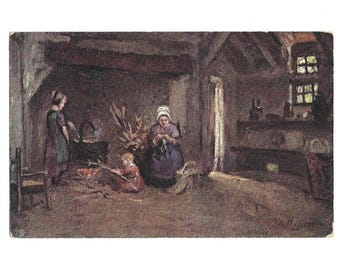 Una familia ocupada, Tuck and Sons, casas de campo flamencas, serie 1535, postal antigua sin usar - John A. Heyermans - Madre e hijos junto a la chimenea