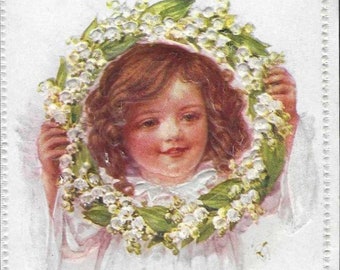 Girl Peers Through Wreath of Lily of the Valley Embossed Antique Easter Postcard 1910s A Happy Easter - Original Postcard