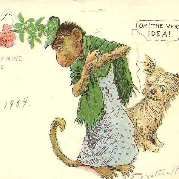 Funny Romantic Valentine Antique Valentine’s Day Postcard 1904 Anthropomorphic Monkey and Little Dog R F Outcault