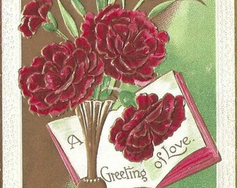 Antique Embossed Postcard - Red Carnations, Gold Vase, 1910s - A Greeting of Love