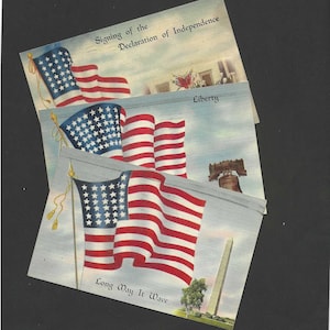 Trio de cartes postales patriotiques en lin vintage - Drapeau américain Stars and Stripes 1942 et 1943