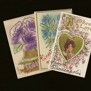 MINNEAPOLIS Trio de cartes postales scintillantes anciennes inutilisées Un gage d'amour et de salutations de Minneapolis 1908