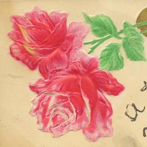 Roses fuchsia en relief et fer à cheval doré sur une carte postale vintage de Happy New Year - Avec des touches de paillettes - Carte postale amusante avec guirlandes lumineusesP
