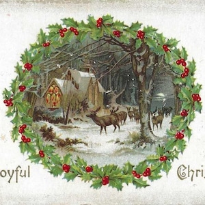 Cerf approche maison de campagne carte postale de Noël ancienne inutilisée pleine lune et couronne de houx des années 1910