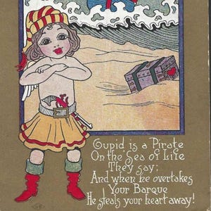 Pirate Cupidon antique Saint-Valentin carte postale 1909 Cupidon navire en haute mer coffre au trésor dans le sable et vers romantique