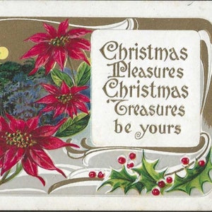 Carte postale de Noël ancienne pleine lune se levant au-dessus des arbres avec poinsettia en relief avec joli vers 1910 et drapeau