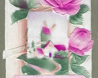 Windmill With Hot Pink Rose Antique Bas Relief Postcard - Sincere Wishes