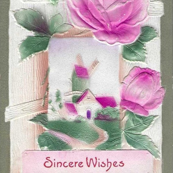 Windmill With Hot Pink Rose Antique Bas Relief Postcard - Sincere Wishes