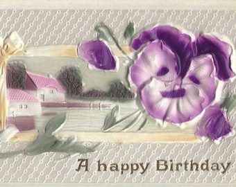 Antique 1915 Birthday Postcard – Purple Pansy, Bas Relief Country Home