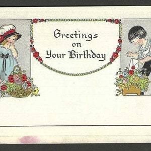 Carte postale d'anniversaire ancienne échangeant une fille et un garçon, 1915 H F Lehmann