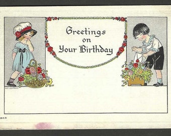 Girl and Boy Exchange Birthday Greeting Antique Birthday Postcard 1915 H F Lehmann