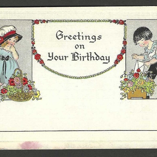 Girl and Boy Exchange Birthday Greeting Antique Birthday Postcard 1915 H F Lehmann