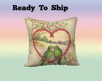 Romantic Pillow Cover 18x18 Velveteen Pillow Cover Two Love Birds in Heart - Romantic Home Décor Accent To My Valentine READY TO SHIP