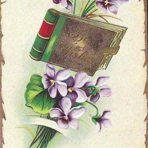 Faux livre des meilleurs voeux et bouquet de violettes ancienne carte postale de l'amitié 1912