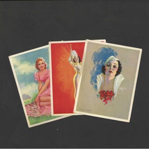 Lot de 3 cartes échantillons de calendrier vintage Pretty Lady Salesman, 2 Billy DeVorss - 1 artiste Pearl Frush signé 4 1/4" x 3 1/4" des années 1940