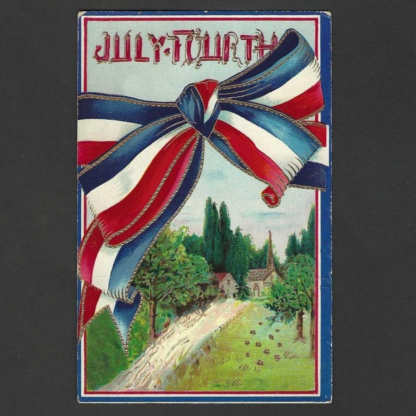 July Fourth Embossed Unused Antique Patriotic Postcard Country Path and Large Red White and Blue Bow