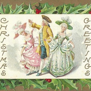 Colonial Dancing Trio Carte postale de Noël ancienne 1909 en relief, joli houx sur fond doré