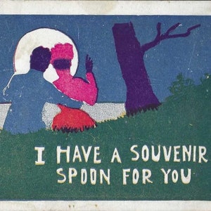 Doucement romantique carte postale ancienne des années 1900 inutilisée légèrement drôle J'ai une cuillère en souvenir pour vous - Couple romantique sous la pleine lune