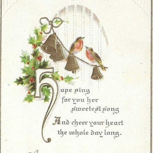 Carte postale de Noël antique Oiseaux sur corde de cloches dorées, festif, houx, 1915