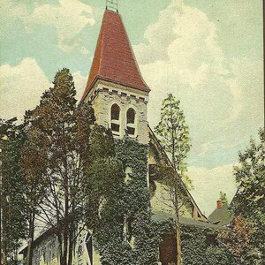 Première église presbytérienne HIGHLAND FALLS New York vintage carte postale 1923 drapeau et West Point annule