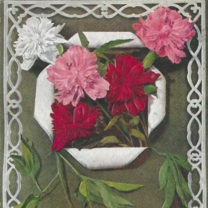 Carte postale antique rose rouge et blanc en relief des années 1910 - beaux vers de l'amitié
