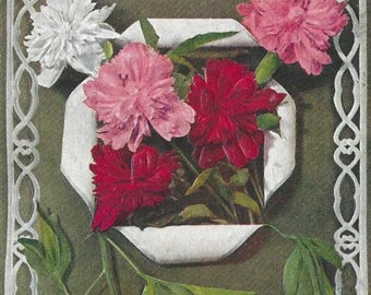 Pink Red and White Carnations Embossed Antique Postcard 1910s - Lovely Friendship Verse