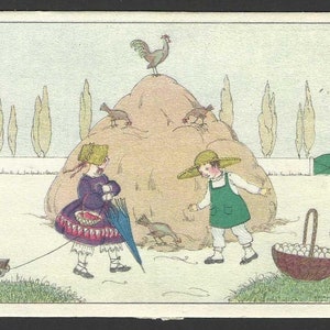 Mela Koehler Carte postale ancienne inutilisée Les enfants jouent par une botte de foin avec des animaux de la ferme, Éditions B-K-W-I 298 - 6