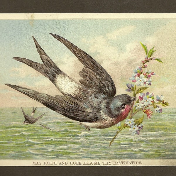 EASTER Digital Download File ~ Antique Victorian Easter-Tide Greeting Swallows Over Water with Floral Branch 1883 DIY Easter Card