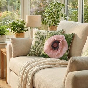 Pink Poppy Velveteen Decorative Pillow Cover 18x18 Romantic Spring Home Décor ~ August Flower image 7