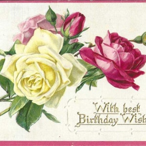 Carte postale d'anniversaire ancienne en relief roses jaunes rouges et roses Anniversaire de juin 1914 Sam Gabriel Publishing