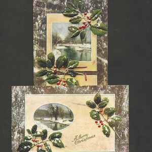 PAIRE de cartes postales de Noël antiques fond imitation bois foncé et paysage d'hiver 1909 - Cartes postales en relief spectaculaires et époustouflantes