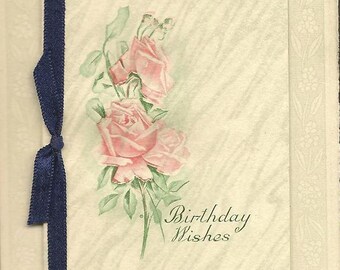 Novelty Fold Open Vintage Postcard – Birthday Wishes Satin Ribbon on Book Image by M Dulk