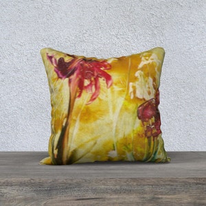 Abstract Red Poppies on Golden Yellow Background Velveteen Decorative Pillow Cover 18x18 Romantic Home Décor Red Backside READY TO SHIP image 3