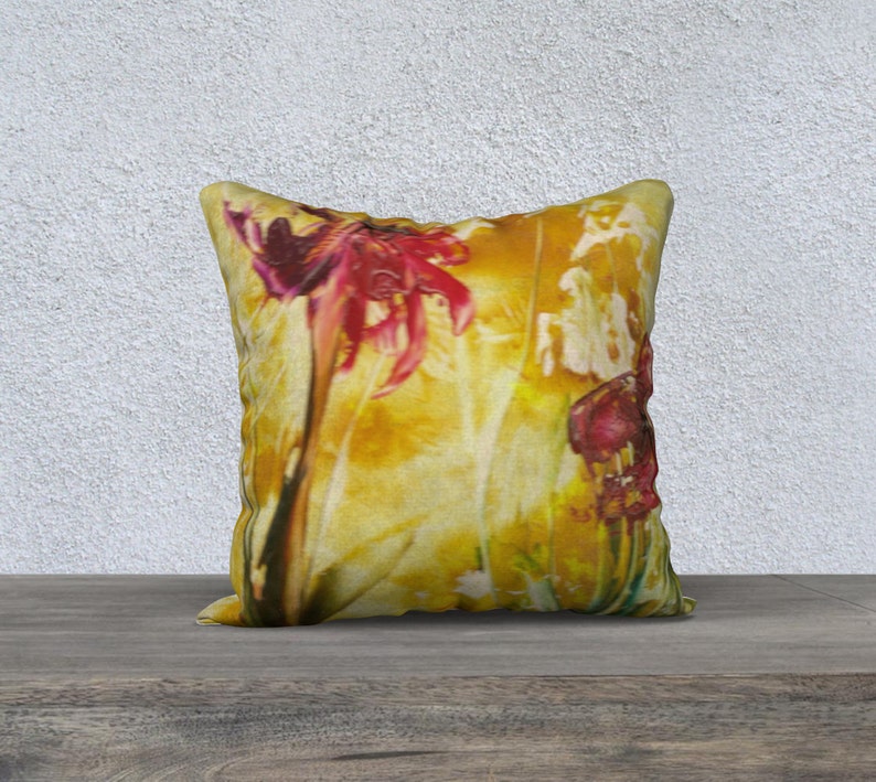 Abstract Red Poppies on Golden Yellow Background Velveteen Decorative Pillow Cover 18x18 Romantic Home Décor Red Backside READY TO SHIP image 3