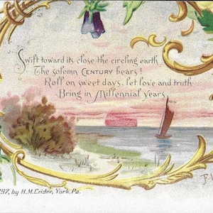 Voilier et coucher de soleil avec vers par H M Crider Carte postale ancienne de 1908, accent pensée - Franz Lesshofft, artiste signé