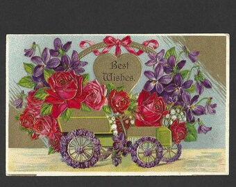 Gold Jalopy Filled With Red Roses and Violets Unused Embossed Antique Postcard - Best Wishes Greeting