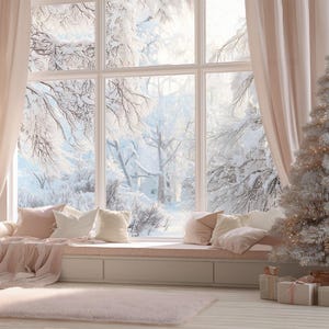 May include: A cozy interior scene with a large window overlooking a snowy winter landscape. A white Christmas tree with warm lights stands beside the window. Soft pink curtains, pillows, and a rug create a warm, inviting atmosphere.