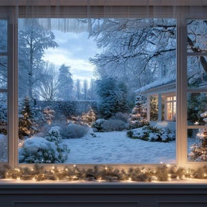 Könnte beinhalten: Eine Winterlandschaft durch ein weißes Fenster betrachtet. Eine Lichterkette schmückt die Fensterbank. Draußen bedeckt Schnee den Garten und die Bäume, mit einem Haus und beleuchteten Weihnachtsbäumen im Hintergrund.